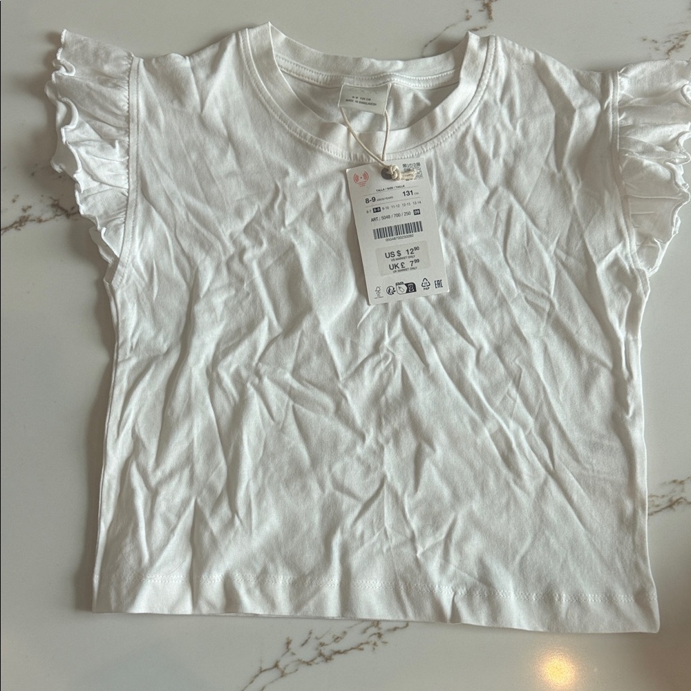 NWT Girls Zara White Ruffle Sleeve Tee